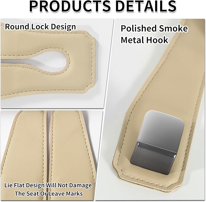 vidonio 2 Pack Double Car Seat Hooks for Headrest, Rotatable Purse Holder for Car, Premium Leather Car Hooks for Purses and Bags, Headrest Hook and Storage Accessories (Beige)