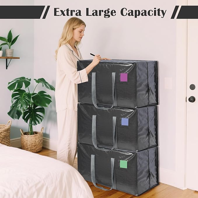 6 Pack Moving Bags with Full-Open Side Zipper, Extra Large 93L Heavy Duty Waterproof Foldable Storage Totes for College Dorm, Moving & Home Organization Gray