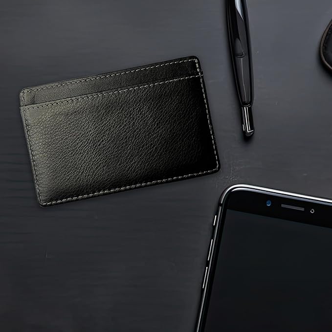 2 Card Minimalist Wallet for Men & Women - Genuine Leather Ultra Thin Black Credit Card Holder - Compatible with American Express Platinum
