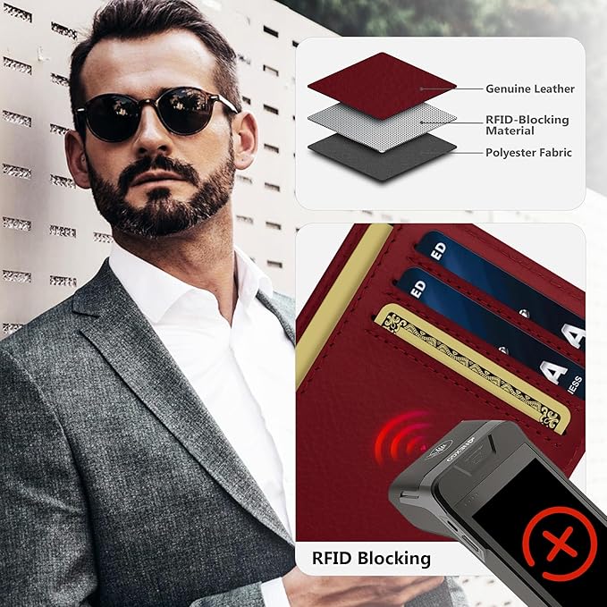 Travelambo 100% Genuine Leather Wallet for Men and Women, Slim Minimalist RFID Blocking Front Pocket Credit Card Holder with Gift Box(Red 963)