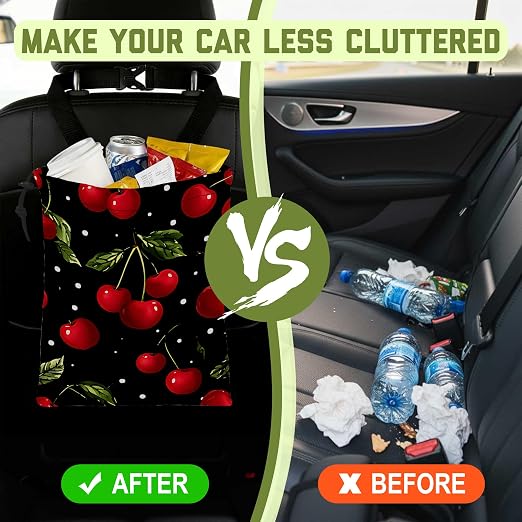 Car Garbage Bag Red Cherry Drawstring Car Trash Bag Hanging for Back Seat with Adjustable Buckle Canvas Vehicle Trash Can Easy-to-Install for Car Accessories Vehicle Travelling Camping