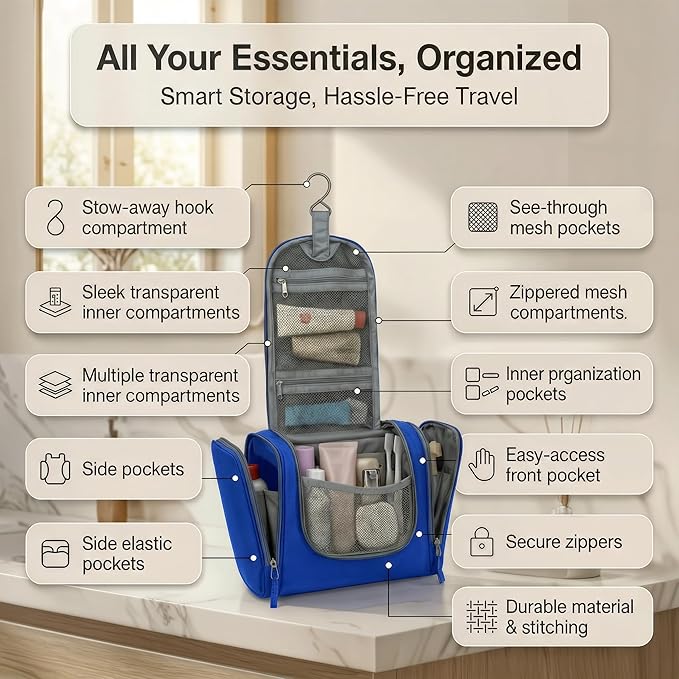 Bago Travel Toiletry Bag for Women and Men X-Large Waterproof Hanging Large Toiletry Bag for Bathroom and Travel Bag for Toiletries Organizer -Travel Makeup Bag (DeepBlue)