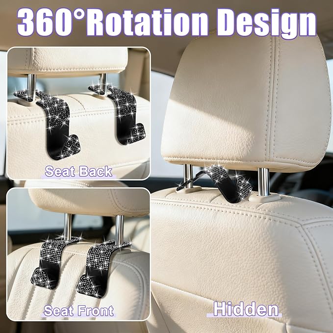 BFXM 6 Pack Bling Car Seat Headrest Hooks, Rhinestone Purse Hook for Car, Universal Storage Organizer for Handbag Grocery Bags Coats, Bling Car Accessories for Women (Bling Black)
