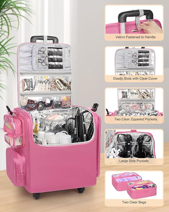 Relavel Rolling Makeup Train Case, Hairstylist Traveling Bag with 4 Wheels, Heat Insulation Full Layer, Adjustable Dividers, Hair Tools and Cosmetics Storage Organizer Trolley Suitcase, Rose Pink