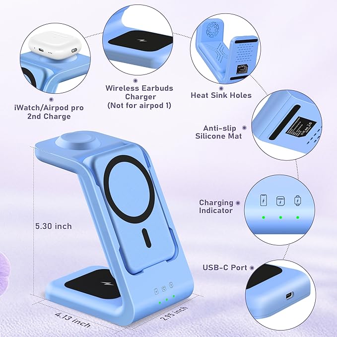 3 in 1 Wireless Charging Station: 5000mAh Removable Power Bank Charger Stand for Phone/Watch/Air Pods - Portable Magnetic Battery Pack for Air 17 16 15 14 13 12 Series Blue