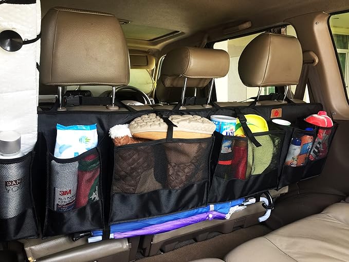Pf SUVs Rear Trunk Organizer with Umbrella Holder Hanging, X Large - Extra Rigid and Visible, Collapsible Cargo Net, Backseat Storage for Mid-size Crossovers to Mid-size SUVs, Van (51-Inches)