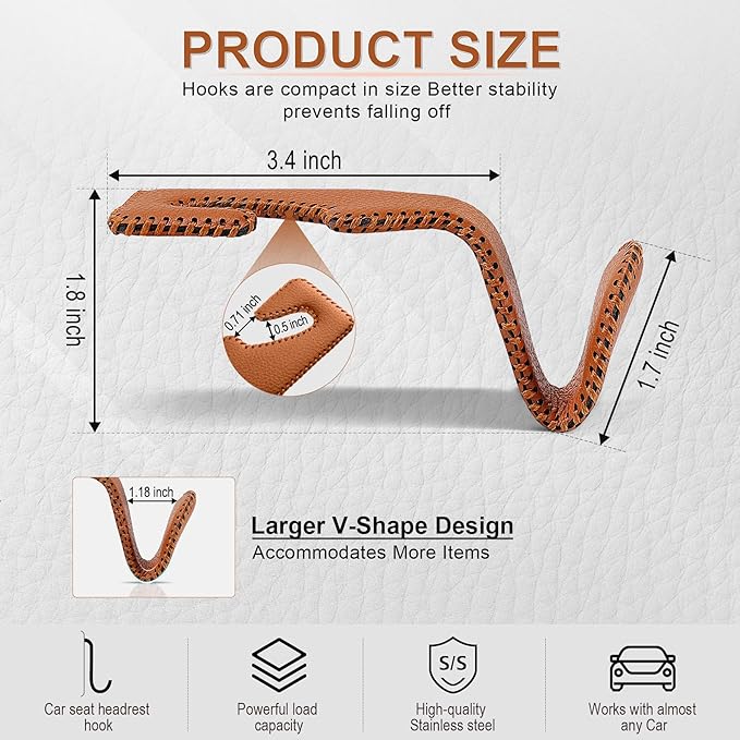 LivTee Brown Superior Leather Car Seat Back Headrest Hook, Auto Seat Hook Hangers Interior Accessories for Purse Coats Umbrellas Grocery Bags Handbag, 2-Pack