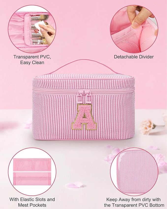 MONSTINA Initial Makeup Bag,Monogram Pouch Gifts for Teens,Personalized Cosmetic Bag for Girls&Women,Cute Letter Make Up Bag,Pink A