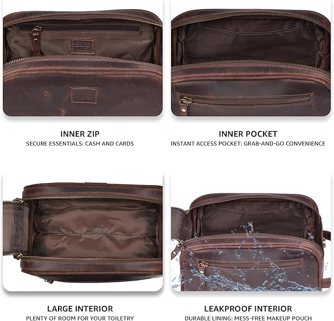 LEATHER VILLAGE Genuine Leather Toiletry Travel Bag With Waterproof Lining - Mulberry Brown | King-Size Handcrafted Vintage Dopp Kit Bag, Shaving & Bathroom Organizer, Gift for Men & Women