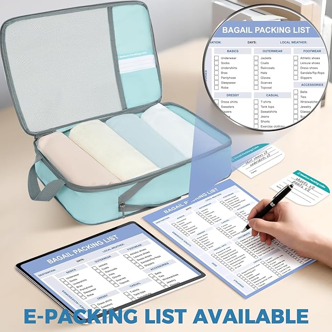 BAGAIL 6 Set Lightweight Compression Packing Cubes with Packing List, Anti-Tearing Expandable Organizer Bags for Travel, Dusty Blue