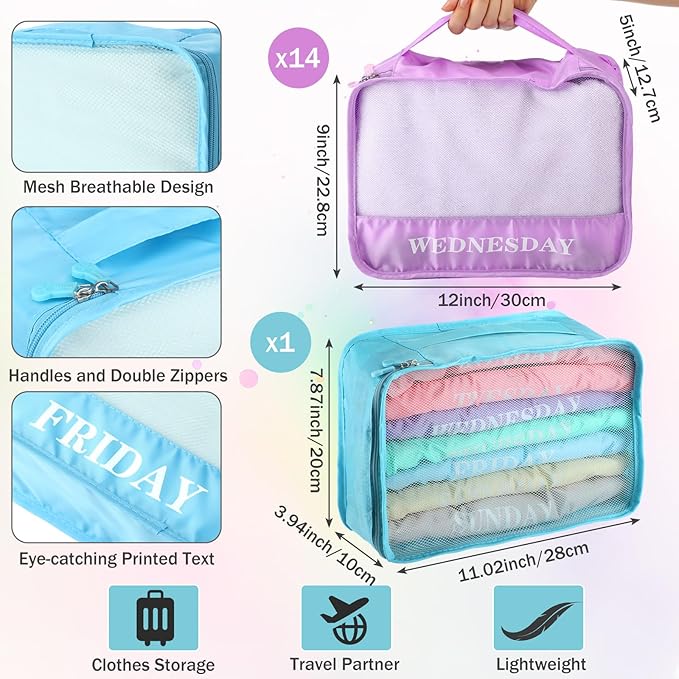 Days of Week Packing Cubes Weekly Organizer Travel Storage Bag School Clothes for Kids Summer Camp Family(12x9x5inch,Macaron,15)