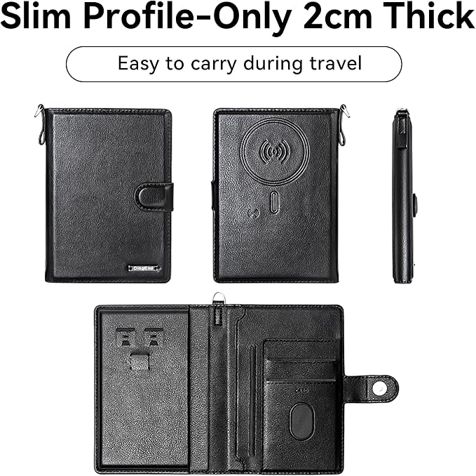 Passport Holder for Travel, RFID Blocking Card Wallet, Apple MFi Certified Smart Passport Cover Works with Find My, Rechargeable Travel Wallet with Lanyard, PU Leather, Black