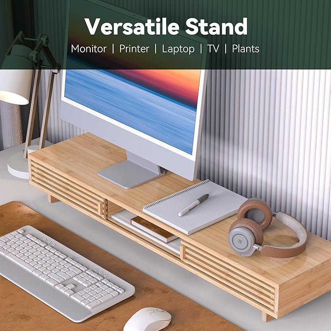 Dual Monitor Stand Riser with Sliding Door, Double Computer Laptop Stand Desk Shelf Organizer with Storage for 2 Monitors (Natural Bamboo, 38 Inch)