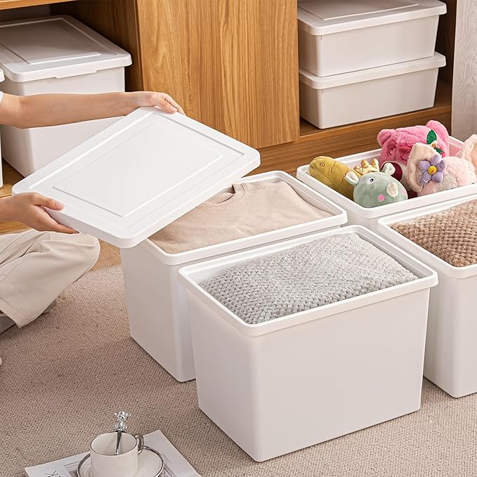 YUNGSHY 4 Pack 27 Quart White Large Stackable Storage Bins With Lids,Bathroom Closet Undersink Organizers and Storage Containers and Durable Nestable Closet, Garage, Totes (white, 27Qt.-4Pack)