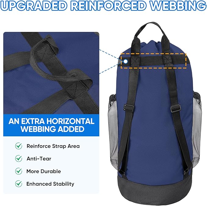 BALEINE 150L Laundry Bag Backpack, 900D Oxford Fabric Large Travel Laundry Bags with Shoulder Straps and 2 Mesh Pockets for College Dorm, Apartment, Laundromat (Navy, 150L)