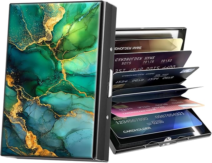 Metal Wallet,Credit Card Holder for Women Men,RFID Blocking Card Holder Mini Slim Aluminum Wallet ID Case Hard Case Business Card Holder Case,Green Golden Marble