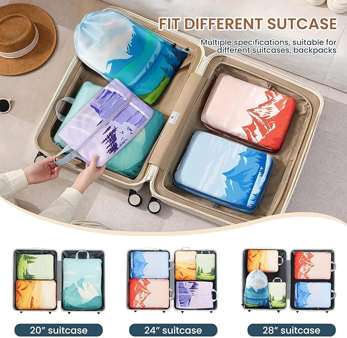 7 Set Compression Packing Cubes for Travel - Compressible/Expandable Luggage Organizer Bags Set, Double Zipper Packing Organizer for Suitcase, Lightweight Travel Essentials Accessories