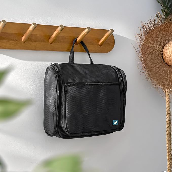 PAVILIA Large Hanging Toiletry Bag for Women Men, Travel Cosmetic Organizer with 10 Compartments, Swivel Hook and 3 Leakproof Pockets, Water Resistant Makeup Case, Packs Flat, Black