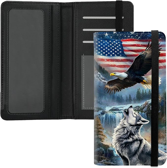 Premium PU Leather Checkbook Cover for Men & Women,RFID Blocking Slim Check Book Holder with Duplicate Check Divider & Pen Holder,Fits Standard Personal Checks,Eagle & Wolf
