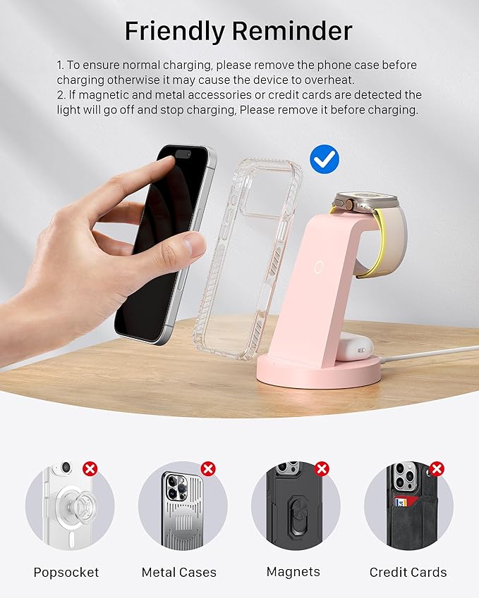 Anlmz 3 in 1 Charging Station for iPhone, Wireless Charger for iPhone 17 16e 16 15 14 13 12 11 X Pro Max & Apple Watch - Charging Stand Dock for AirPods (Pink)