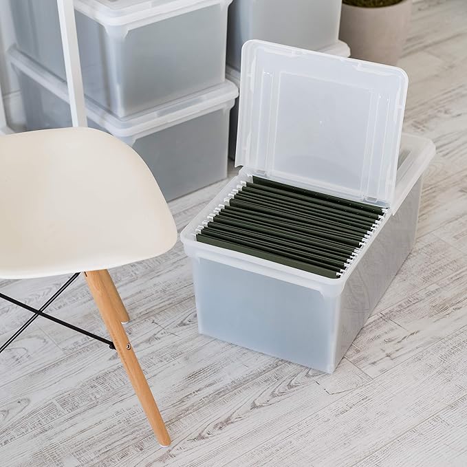 IRIS USA File Box, File Organizer w/Hinged Split Lid for Letter File, Important Document Box, Plastic Storage Filing Bin for Moving, Stackable Nestable Portable, Clear 44 Qt. 5 Pack