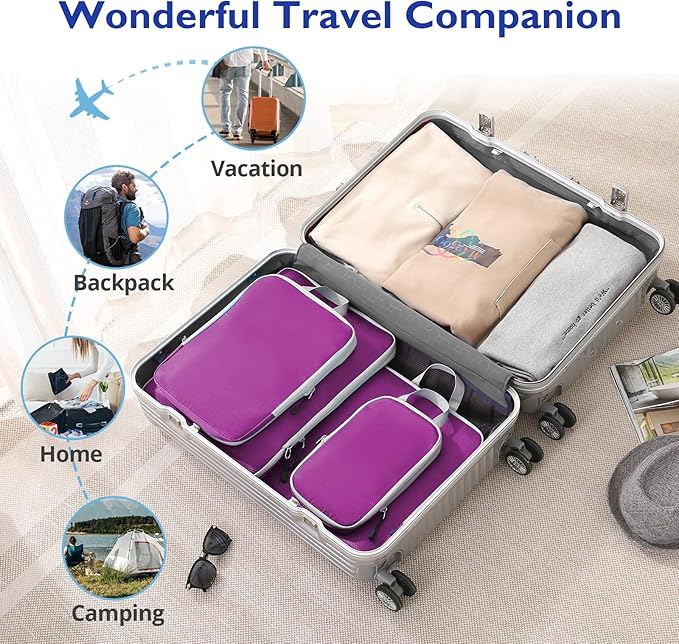 Compression Packing Cubes, 10 Set Packing Cubes for Travel Compression, Lightweight Compressible Package Organizer for Carry On and Suitcases, Purple and Grey