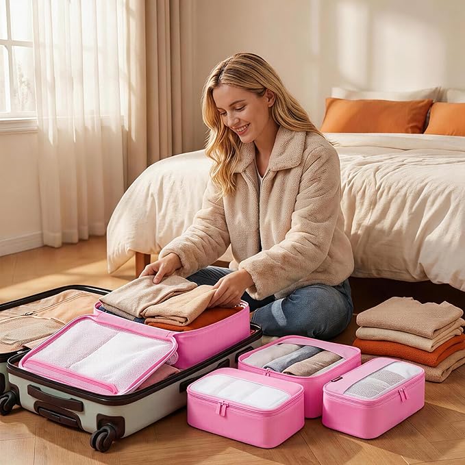 4 Piece Compression Packing Cubes for 3–7 Day Travel, Space Saving Travel Organizers with Breathable Mesh, Double-Zipper Packing Cubes for Carry-On & Suitcases (Petal)