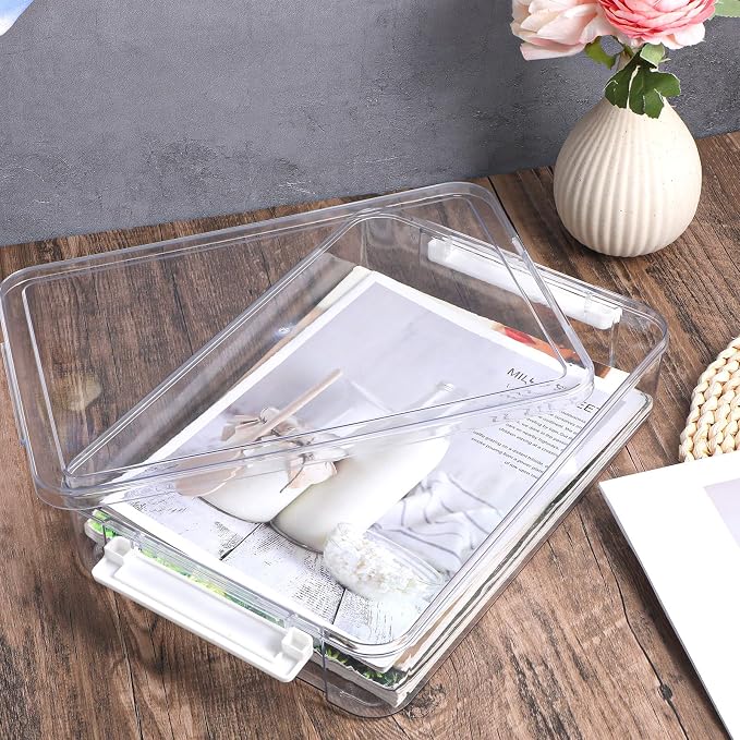 2 Pack Clear Plastic Stackable Storage Box File Protector Case Organizer Portable Project Case Document Holder for 9.2 x 13.6 Letter A4 File Paper, Plastic Storage Box Office Documents