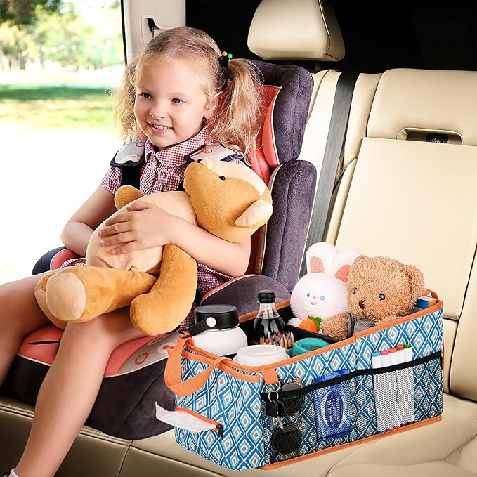 HEYSKAY Car Seat Organizer with Cup Holders, Automotive Seat Back Organizer and Storage with Adjustable Dividers, Book & Toy Organizer for Car and Office