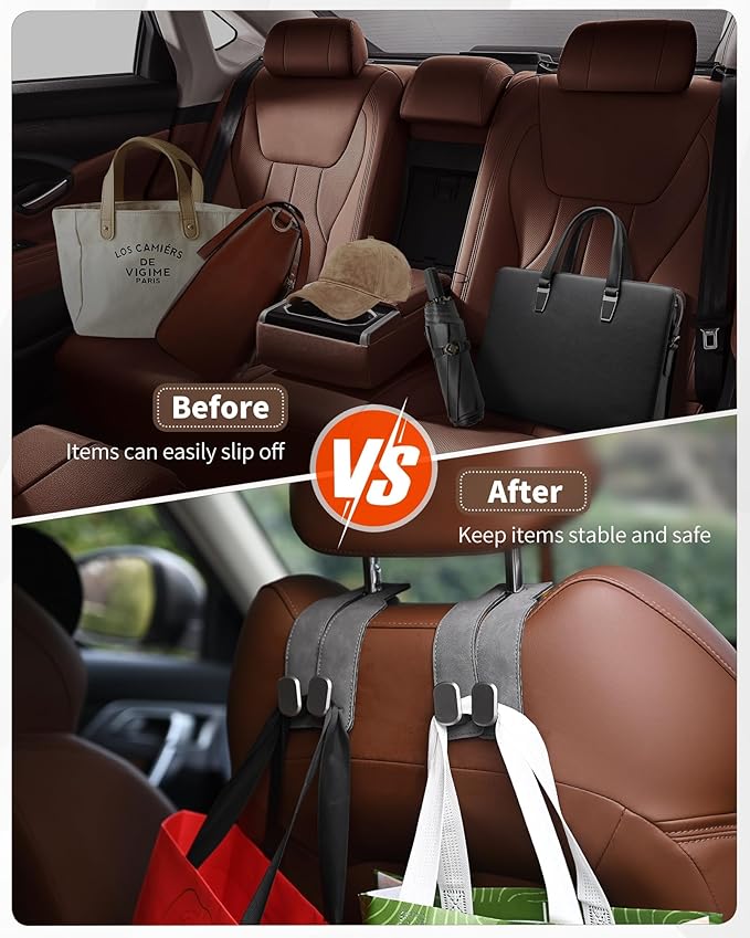 Headrest Hooks for Car, 4 Pack Car Seat Back Organizer Storage Hook, Double Hook Car Seat Hooks for Hanger Purses and Bags, Leather Purse Holder for Car, Black