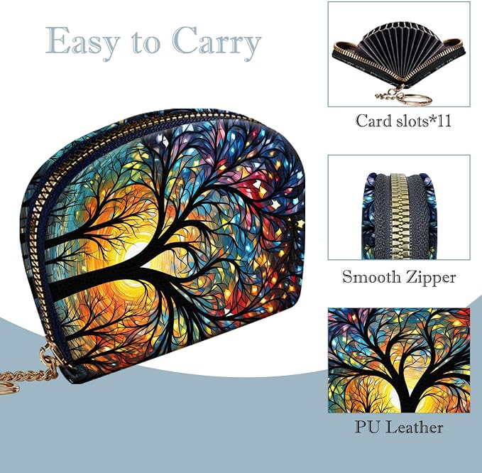 Women's Slim RFID Wallet – Compact Leather Card Holder Wallet for Women, 9 Card Slots RFID Blocking Credit Card Organizer, Small Travel Wallet - Colorful Trees