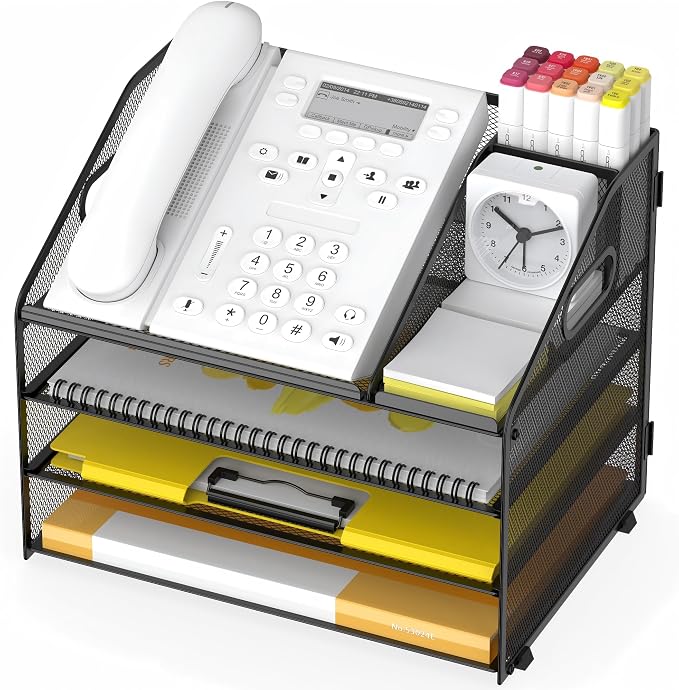 Letter Tray Paper, 4 Tier Desk Organizer with Pen Holder and Handle Mesh File Organizer Paper Sorter Metal Desktop Document Shelf for Office Home Classroom -Black