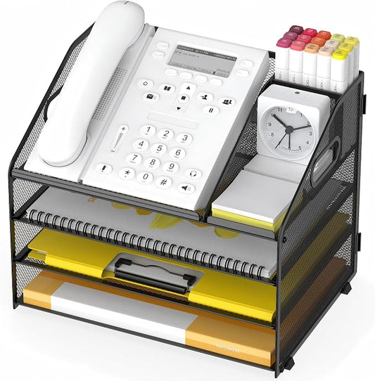 Letter Tray Paper, 4 Tier Desk Organizer with Pen Holder and Handle Mesh File Organizer Paper Sorter Metal Desktop Document Shelf for Office Home Classroom -Black