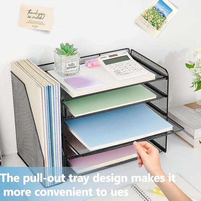 OPNICE Desk Organizers and Accessories, 5-Tier Paper Organizer Letter Tray with Magazine Holder, Office Desk Accessories & Workspace Organizers, Desktop File Organizer for Office Supplies, Black