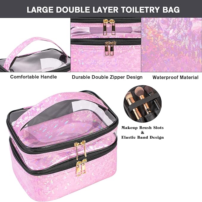 3 Pieces Makeup Bags Double Layer Travel Large Holographic Cosmetic Cases Organizer Toiletry Bags Waterproof Small Zipper Pouch for Women Makeup Brush Storage Bag,Light Pink