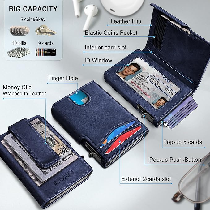 miyozi Wallet for Men with Money Clip Coins Pocket ID Window Gift Boxed,Slim Smart Front Pocket RFID Blocking Wallet Pop-up Card Holder in Magnetic Leather Flip 3.9"x 2.7"