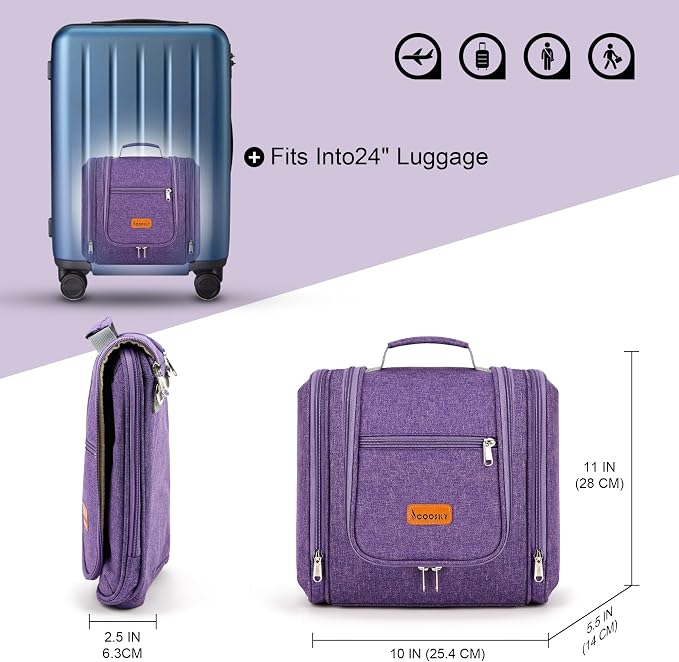 COOSKY Hanging Travel Toiletry Bag for Women and Men, 6 Organizer Compartments, Large Toiletries essentials, Bathroom Cosmetic Accessories, Water-resistant Makeup Bag, Holds Full-Size Shampoo, Purple