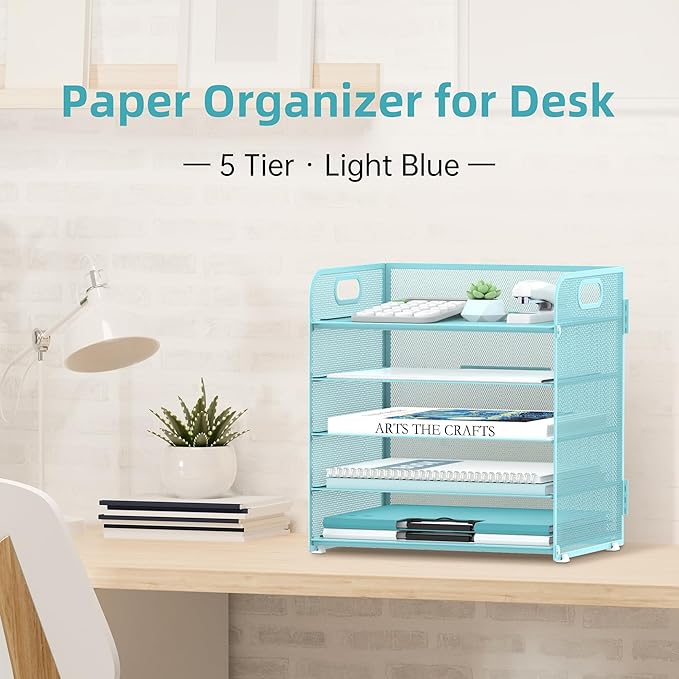 Supeasy 5 Trays Paper Organizer Letter Tray with Handle-Mesh Desk File Organizer, Paper Sorter Desk Organizer for Office, Home or School (Light Blue)