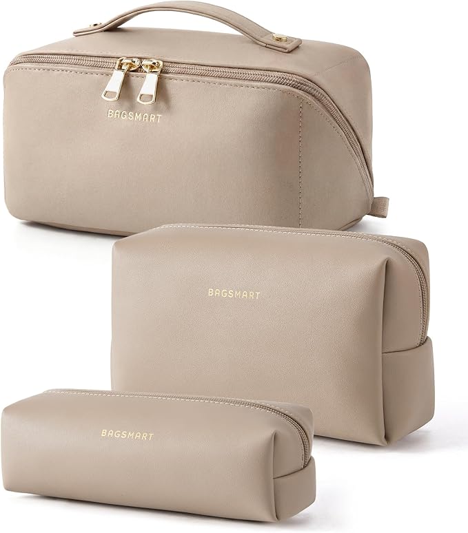 BAGSMART Makeup Bag Travel 3 Pcs Set Cosmetic Bag, Large Make Up Bag Flat Open Toiletry Bag for Women, PU Leather Travel Essentials Organizer Case, Wide-open Pouch for Skincare, Brushes, Camel