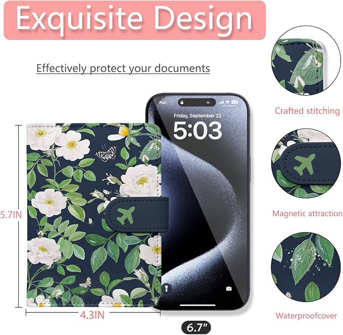 Passport Holder, Travel Wallet Cover with Pen Loop | Cute RFID Blocking Leather Case with Magnetic Closure for Travel Essentials-flower