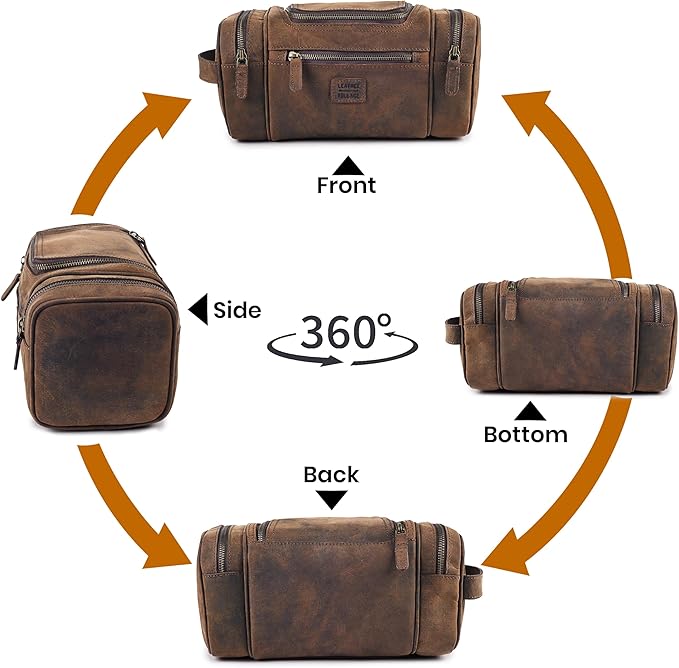 LEATHER VILLAGE Genuine Leather Travel Dopp Kit for Men & Women – Large Capacity Hanging Toiletry Bag with Water-Resistant Lining – Ideal for Travel, Grooming & Gym - Brown