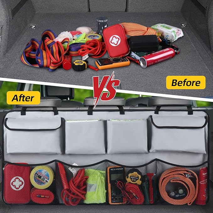 Snuopfy Car Backseat Hanging Trunk Organizer – Gray, 8 Large Storage Bags - Super Capacity Storage Solution for SUVs, Trucks, Vans, and Cars - Ultimate Car Organization for a Clutter-Free Space