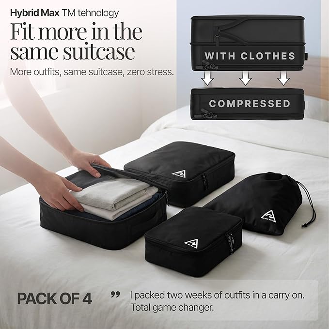 Well Traveled 4 pcs Compression Packing Bags Cubes Set with HybridMax Double-Capacity Design - Packing Cubes for Travel Compression to Maximize Limited Luggage Space, Black