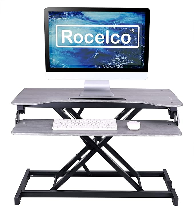 Rocelco Standing Desk Converter and Floor Mat - 31.5 Inch Sit Stand Up Dual Monitor Tabletop Riser with Tablet Mount, Height Adjustable Workstation - Deep Keyboard Tray - Gray (R VADRG-MAFM)