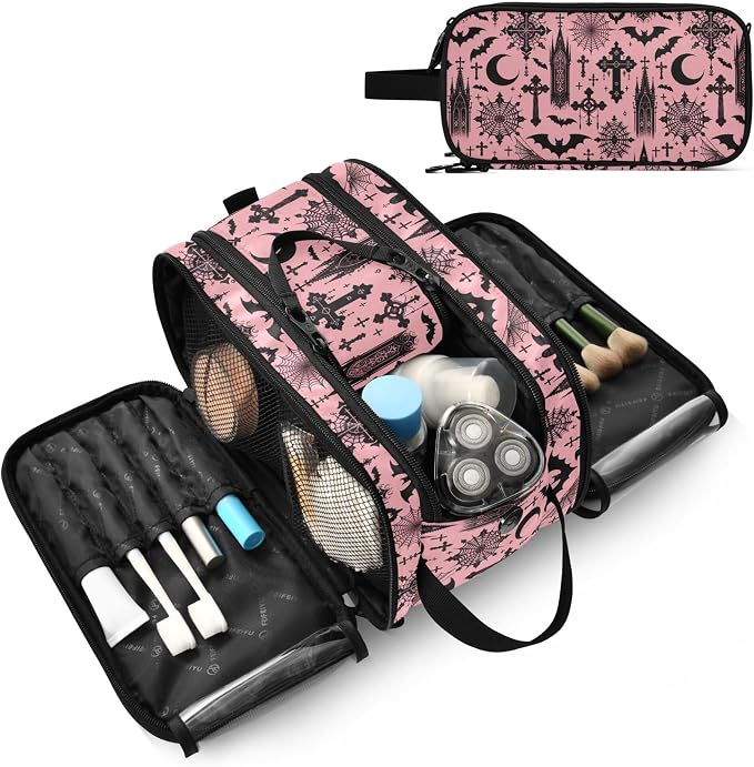 MNSRUU Large Capacity Makeup Bag, Black Gothic Moon Spider Webs and Bats Cosmetic Bag Portable Toiletries Pouch with Compartments Makeup Organizer Case for Travel Women