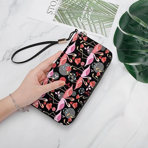 Clutch Wallet Holder for Women Men Beautiful Pink Lovers Flamingo Heart Rose Portable Accordion Zipper Credit Card Storage Bag Waterproof Purse Leather Wallet for Travel Work Shopping
