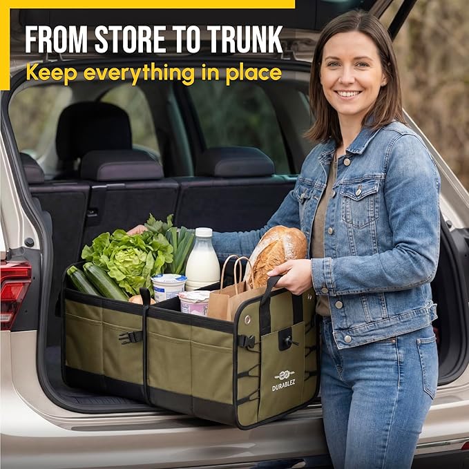 Heavy Duty Foldable Trunk Organizer 2-Section – Dual-Compartment Car Cargo Box with Non-Slip Pads & Removable Dividers – Green