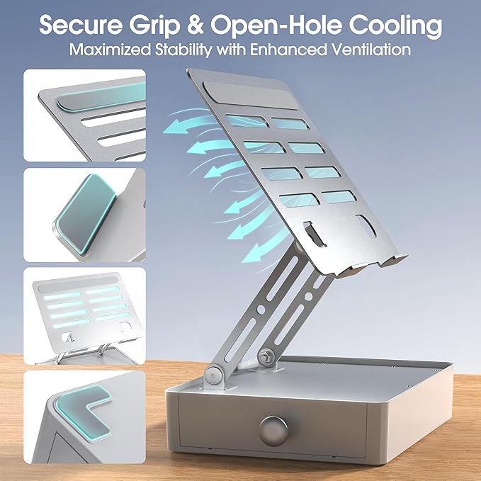 Laptop Stand with Storage Drawer, Heavy-Duty Metal Laptop Riser for Desk, Ergonomic Height & Angle Adjustment for 10–16.2″ Laptops, Silver