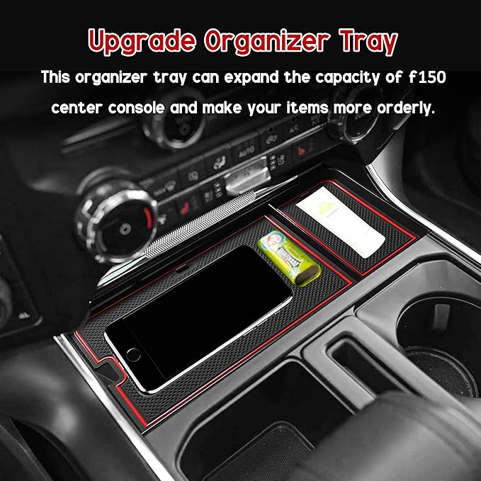 SENSHINE Center Console Organizer Tray for Ford F150 2021-2024/Lightning XLT 2022-2024 Interior Accessories Hidden Insert Storage Box with USB Hole Fit Front Shifter Open Pocket (Red)