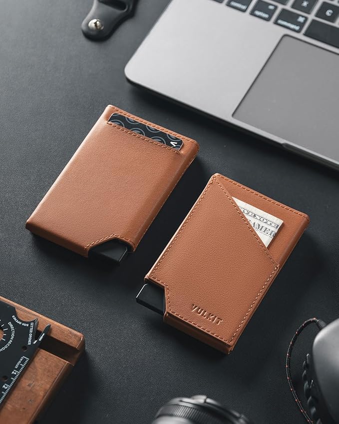 VULKIT Pop up Card Wallet Top-Grain Genuine Leather RFID Blocking Slim Aluminum Metal Bank Card Holder Case with Business Money Pocket for Credit Cards Notes and Coins Brown